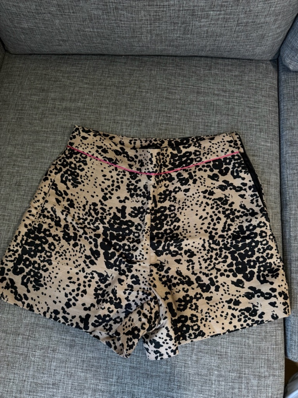 J. Crew High-Waist Animal Print Shorts in Beige and Black with Pink Piping